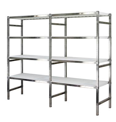 Rayonnage Inox -  2 Éléments PP Blanc  - 4 Niveaux Tablettes
