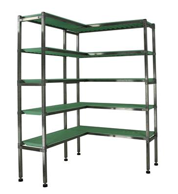 Rayonnage Inox -  d'Angle PP Vert  - 5 Niveaux Tablettes